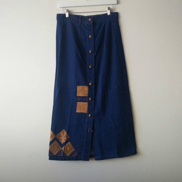 Vintage Front Button Full Length Denim Maxi Skirt - Picture 10 of 15